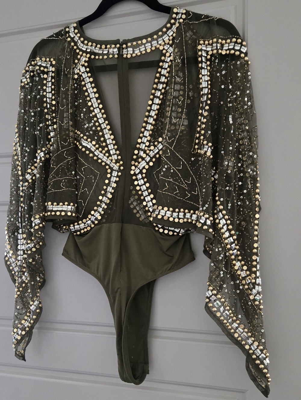 Olive Embellished Sequin Bodysuit Top - Beaded Detail